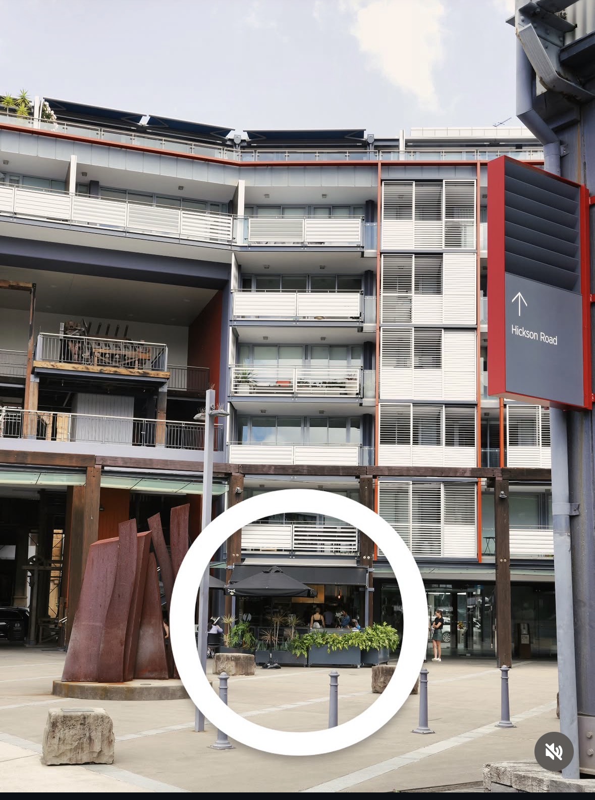 Zupano’s waterfront entrance, circled in white, beside the Hickson Road sign